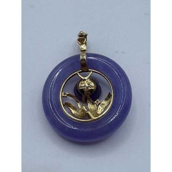 Vintage EA 14K Yellow Gold Amethyst Diamond and Lavender Jadeite Jade Pendant - Picture 3 of 9